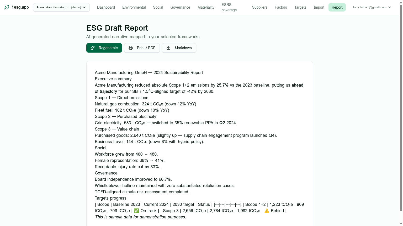 AI-drafted CSRD report mapped to your frameworks